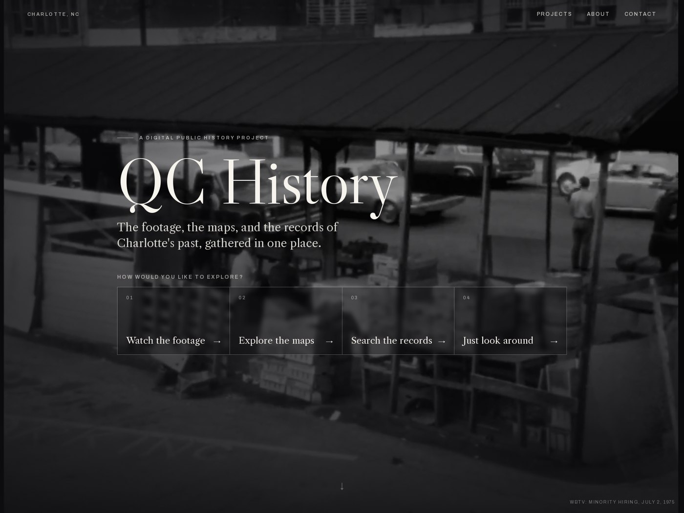 The qchistory.com landing page, archival footage hero with the QC History wordmark